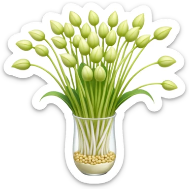 soybean sprouts, small cluster, fresh, pale white stems, light yellow-green tips, long crisp shape, slightly translucent, gentle curves, loose arrangement, no bowl, garnish, or water, soft lighting, emoji scale sticker