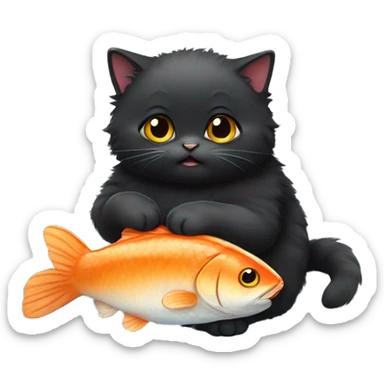 fluffy fat black kitten eating fish sticker