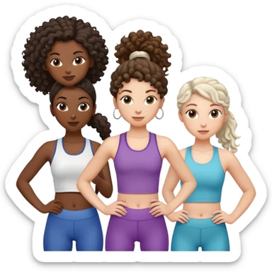 three women friends exercising together, one black woman with curly brown hair, one pale white woman with curly brown hair, and one pale white woman with straight brown hair in a ponytail sticker