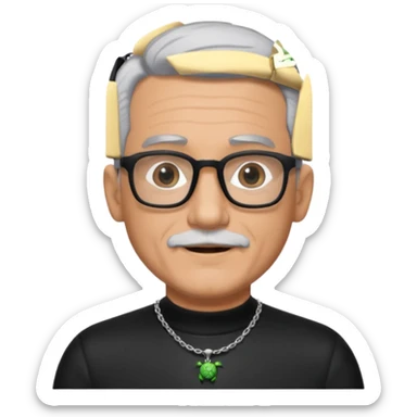 Tony Barceló is a large, strong, lively man in his 70s with short, neatly combed gray hair and a trimmed goatee. He has a broad round face, square glasses, and a confident presence. He wears a black outfit with a silver turtle necklace, reflecting his thoughtful, creative energy as a writer. sticker
