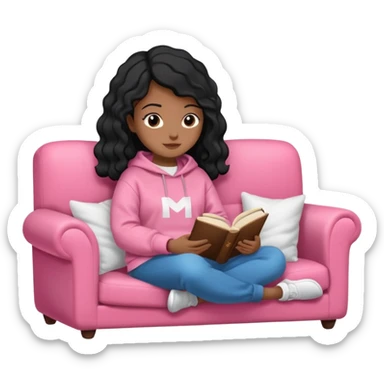 Una chica linda de cabello negro con ondas hasta los hombros de piel blanca con una sudadera rosa en un sofá cómodo y hermoso leyendo la biblia sticker