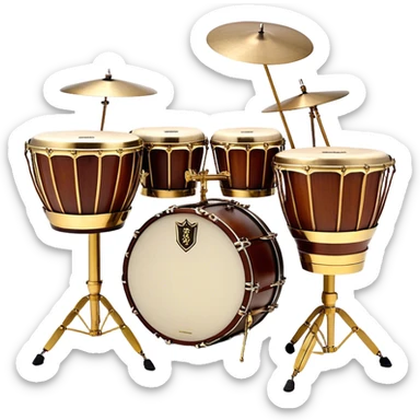 Create a professional, emblem-like emoji representing percussion instruments, including both traditional and folk drums. Feature a snare drum, bass drum, timpani, cymbals, marimba, tambourine, djembe, bongos, cajón, triangle, castanets, and ratchets in a balanced, heraldic composition. Crossed drumsticks at the center symbolize rhythm, while a ribbon of musical notes weaves around the instruments. Use rich gold, mahogany, and silver tones with polished highlights. Add laurel wreaths and subtle engravings for a grand, festive feel. The design should be harmonious, visually complete, and on a transparent background. sticker