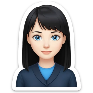 40 yr old woman long straight black hair, pale skin, blue eyes, black clothes, small smile, bangs sticker