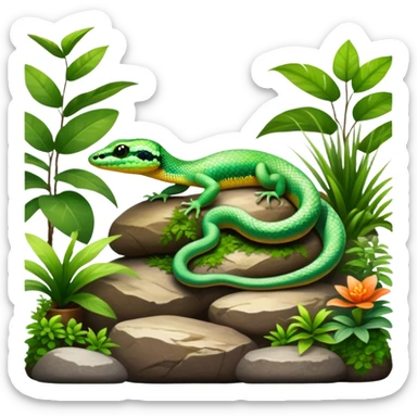 Close-up of a vibrant gecko and a snake coiled on rocks, surrounded by lush greenery and terrarium plants. Soft natural lighting enhances the textures and colors of their scales. Transparent background, with a focus on the reptilian details. sticker