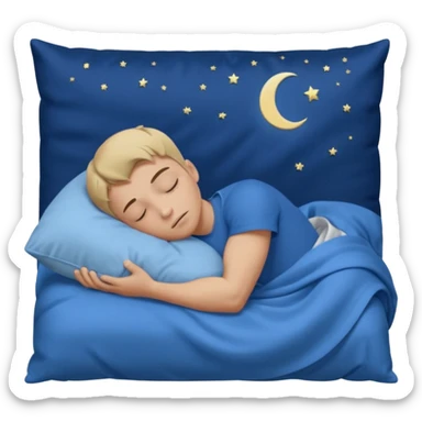 “A young muscular male with short dark-blonde hair and medium-light skin, wearing blue cloth. He sleeps on his side, holding a soft white pillow, his head on a smooth blue pillow. A sleeping symbol floats above him in the dark, nighttime scene. A flowing blue blanket with silky folds covers him. sticker