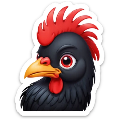 Cinematic Cute Black Rooster Portrait Emoji, Head tilted playfully and inquisitively, featuring a glossy, immaculate black plumage with a vibrant red comb, round, sparkling eyes filled with curiosity, Simplified yet irresistibly adorable features, highly detailed, glowing with a warm, friendly glow, high shine, affectionate and spirited, stylized with a touch of farmyard whimsy, bright and endearing, soft glowing outline, capturing the essence of a mischievous yet loving rooster, so playful it feels like it could strut out of the screen and into your arms! sticker