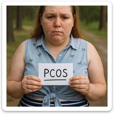 Realistic woman with PCOS inspired by the reference photo, slightly overweight body, skin with acne, thin hair, similar clothing, natural environment, hyperrealistic 4K details. sticker