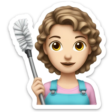 white girl with short brown hair and blue eyes cleaning sticker