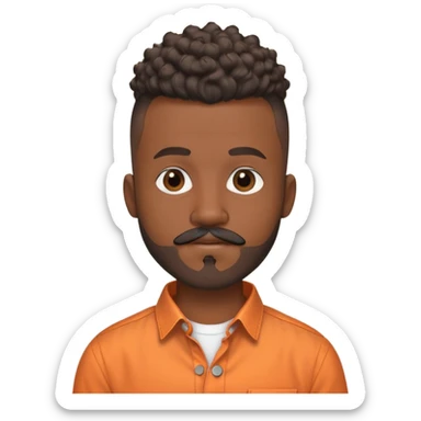 i need a black man with a mohawk in the center and a blad from sides and a beard and a moustache be should be wearing an orange button up shirt with no collar and a round neck and he should be balck and the hairs should be curly sticker