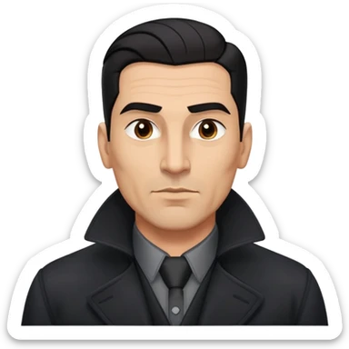 Athletic Hispanic man in his 40s-50s with light brown skin, short straight black hair slicked back with fade on sides, square face with strong jawline, thick eyebrows, wide nose, wearing black overcoat with gray buttoned shirt underneath sticker