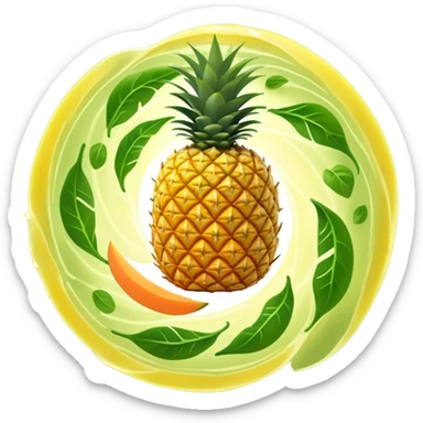 Golden pineapple slices, translucent papaya pieces, and green sprouts floating in a gentle spiral around a luminous stomach, with flowing light lines swirling like whirlpools, representing light, clean, and vibrant digestion. The foods emit a soft glow showing their enzymatic properties. sticker