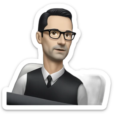 photo realistic Ralf Hutter from Kraftwerk, short straight black hair, black glasses, thin, black shirt, side view, riding open top black tesla model 3 sticker