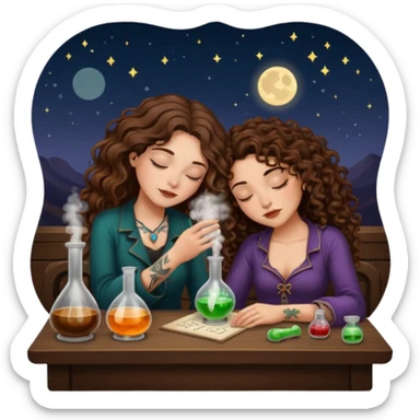 potion lab nap — long wavy brown hair tattooed woman and short tight curly brown hair woman — asleep at alchemy table sticker
