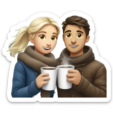 Blonde girl and brunette boy drinking hot cocoa when its snowing sticker