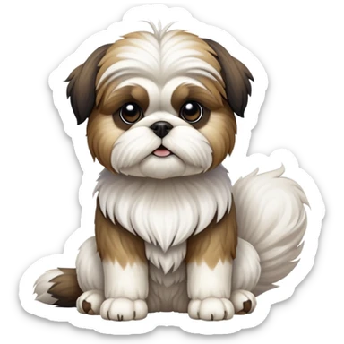 cinematic-[Shish tzu]-realistic-full-body-sitting-emoji,-tail-resting-loosely-beside-its-paws,-head-tilted-dramatically, -scruffy-[white]-fur,-simplified-yet-realistic-focused-features,-highly-detailed,-glowing-with-an-almost-sarcastic-glow sticker