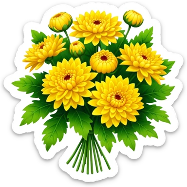 big bouquet Bright Yellow Chrysanthemum, luxuriant, leaf, bud sticker
