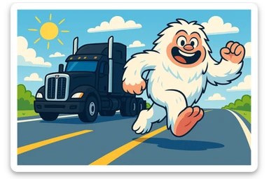 Rotate the black semi truck slightly to the right and show the entire scene from a farther distance, maintaining the composition of the semi chasing a small cartoonish abominable snowman on a bright highway. Keep the bright highway and cartoonish style consistent. sticker