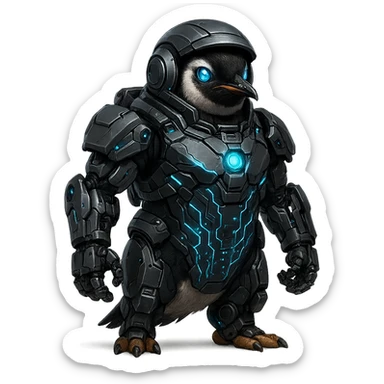 a penguin as a space soldier and cyborg, futuristic armor, robotic enhancements, sci-fi details sticker
