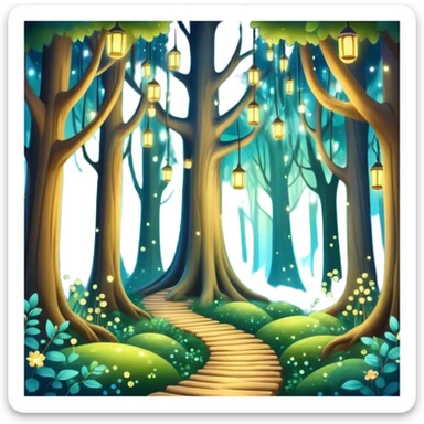 enchanted forest with tall trees, sparkling lights, whimsical atmosphere sticker