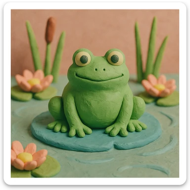 frog sitting in a pond with visible water lilies and reeds, soft pastel colors, claymation style sticker