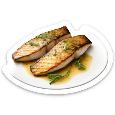 grilled fish fillets with brown butter sauce on white plate sticker