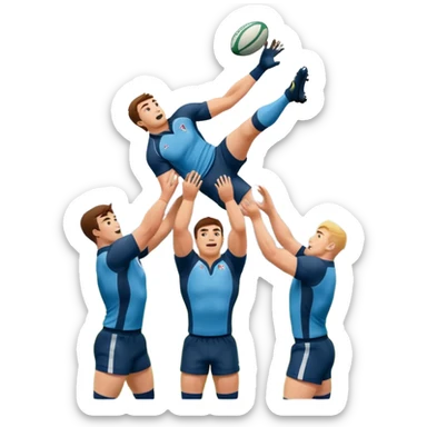 two rugby players lifting another player to catch a ball in a lineout in rugby sticker