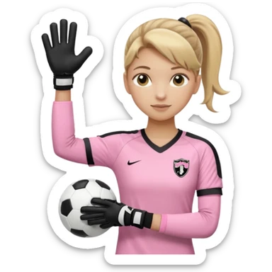 Make a dirty blonde football goalkeeper with goalkeeper gloves on holding a regular  The girl is light skinned and wearing a light pink football. Wearing a ponytail on back of head. Make it without the whole body. With full sleeves. WITHOUT A RUGBY BALL JUST REGULAR BLACK AND WHITE BALL. sticker