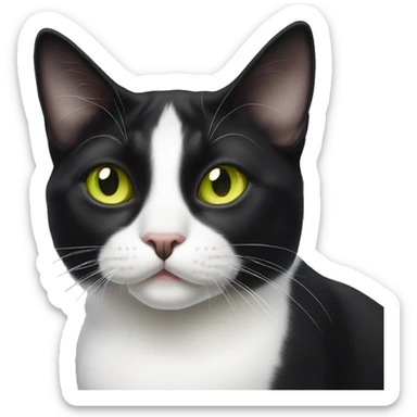 Cute black and white tuxedo cat with yellow green eyes and a chin spot sticker