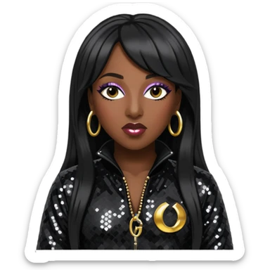 Missy Elliott with long black hair, black sequin outfit sticker