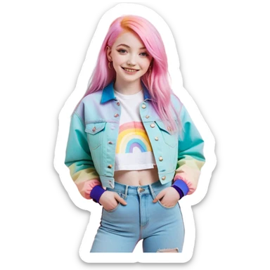A portrait of a girl with long, pastel pink hair and a soft, dreamy smile. She’s dressed in a stylish, cropped rainbow-colored jacket with a trendy graphic t-shirt underneath and high-waisted jeans. The background features a bright, abstract burst of dopamine colors like yellow, pink, and turquoise sticker