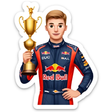Max Verstappen celebrating with trophy, Red Bull racing suit, no text sticker