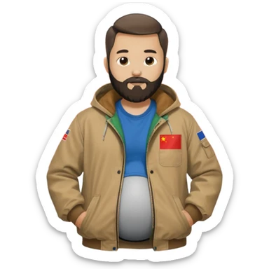 Bearded man rubbing pregnant belly poking out of a chinese flag shirt wearing a tan canvas carhartt jacket sticker