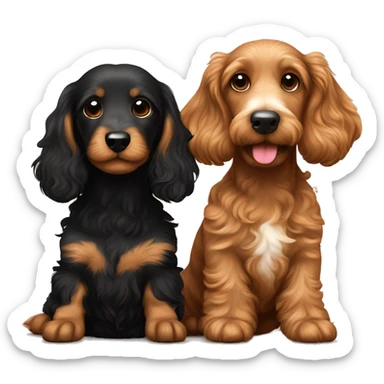 Brown golden doodle and black and tan and cream dachshund sitting together ￼￼ sticker