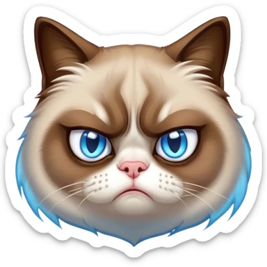 Cinematic Meme-Worthy Grumpy Cat meme Portrait Emoji, Head held high but eyes filled with dramatic disappointment, soft brown fur , white paws planted firmly in defiance, signature grumpy cat frown perfectly etched on its face, icy-blue eyes radiating pure disapproval, Simplified yet hilariously over-exaggerated features, highly detailed, glowing with an aura of supreme annoyance, high shine, exhausted yet judgmental, stylized with an almost regal pettiness, bright but brooding, soft glowing outline, capturing the essence of a feline that has seen it all and is thoroughly unimpressed, so meme-worthy it feels like it could instantly become the next viral sensation of grumpiness! sticker
