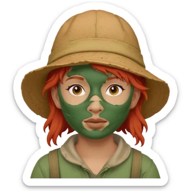 messy green full face clay mask and tourist hat red hair  sticker
