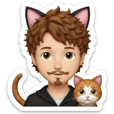 white boy with cat tail with goatee hair and cat ears with brown hair and anime features woth curly hair  sticker