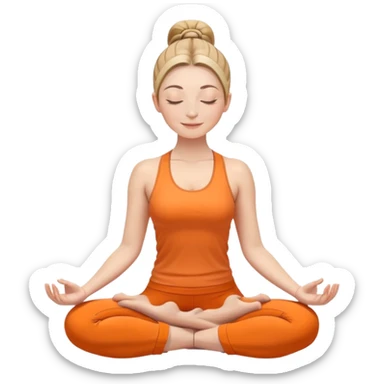 white woman with ponytail hairstyle in lotus position meditation yoga pose, closed eyes with a gentle smile, wearing orange yoga outfit sticker