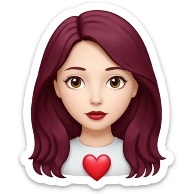 young white woman 
brown almond eyes
heart shaped lips
Long waist-long hair, center parted
slightly wavy
dark burgundy hair\ sticker