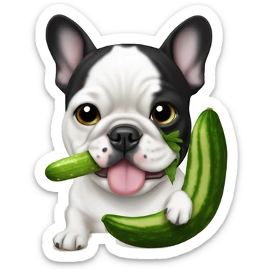 Black and white french Bulldog eating a cucumber  sticker