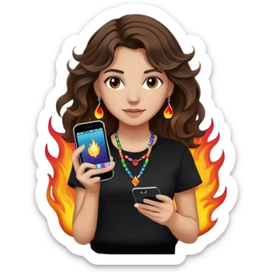 brunette girl with wavy medium length hair, brown eyes, light/medium skin tone, holding iPhone and light phone, wearing black tee shirt with flames on it and colorful beaded charm necklace sticker