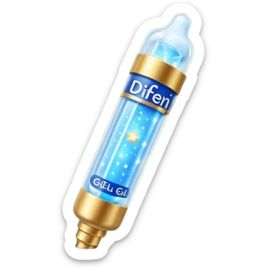 Slim blue Differin Gel tube with white cap and golden glow around the “GEL” label. Floating in a soft blue aura with tiny glowing stars and clear orbs spiraling upward. Emits a focused beam of clarity magic, like a blemish-banishing spell sealed in a sleek, futuristic wand. sticker