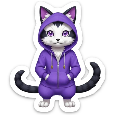 Black cat-garurumon-purloin-feline-Fakemon-Digimon-creature wearing a violet hoodie fursona (full body)  sticker