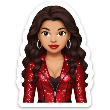 Jordin Sparks with long dark brown hair, red sequin outfit sticker
