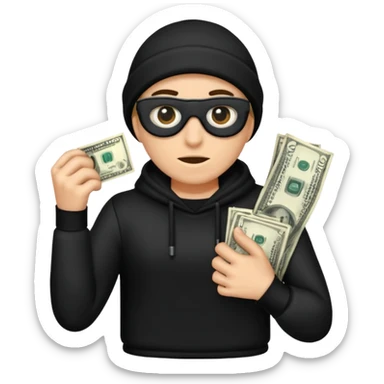 Robber with money na mão direita com uma blusa de frio preta e moreno sticker