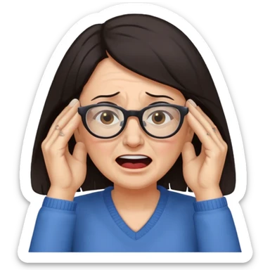 middle aged woman with dark hair and glasses covering her ears, wincing in pain because the sound is terribly loud and hurting her ears sticker