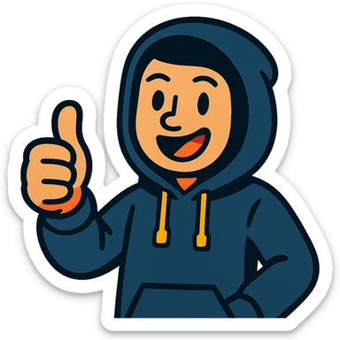 person in black hoodie giving a thumbs up, smiling, cartoon style, bright colors sticker