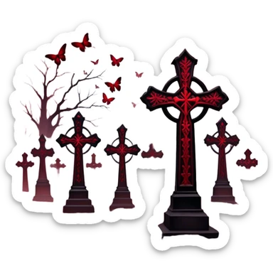 A hauntingly beautiful scene with Gothic crosses shrouded in deep red mist, as crimson butterflies flutter around them. The atmosphere is dark yet mesmerizing, with shades of red and black blending into an eerie glow.
 sticker