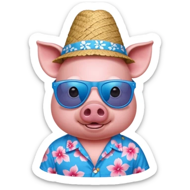 Pig with blue aloha shirt, birthday hat, sunglasses sticker