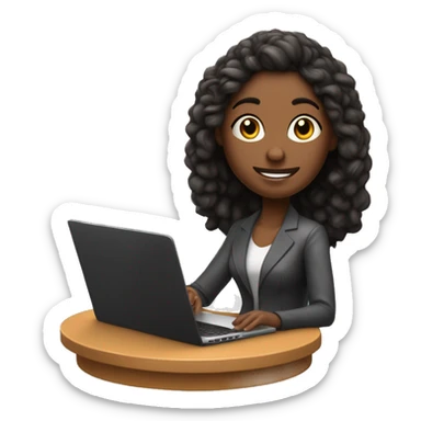crie uma imagem de uma mulher de cabelos pretos médio,pele morena, em uma mesa com notebook,em formato 3D, que esteja com dúvidas de como iniciar no ramo de social media, sticker