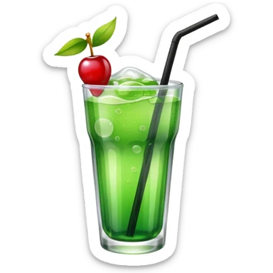 Create an emoji with a clear rounded glass, bright transparent green soda with fine bubbles, a smooth vanilla scoop, a glossy red cherry, and a black straw, using vibrant colors, soft shading, and clear glass highlights.
 sticker